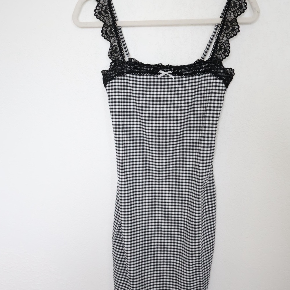 Romantic Black and White Gingham Dress with Lace Trim